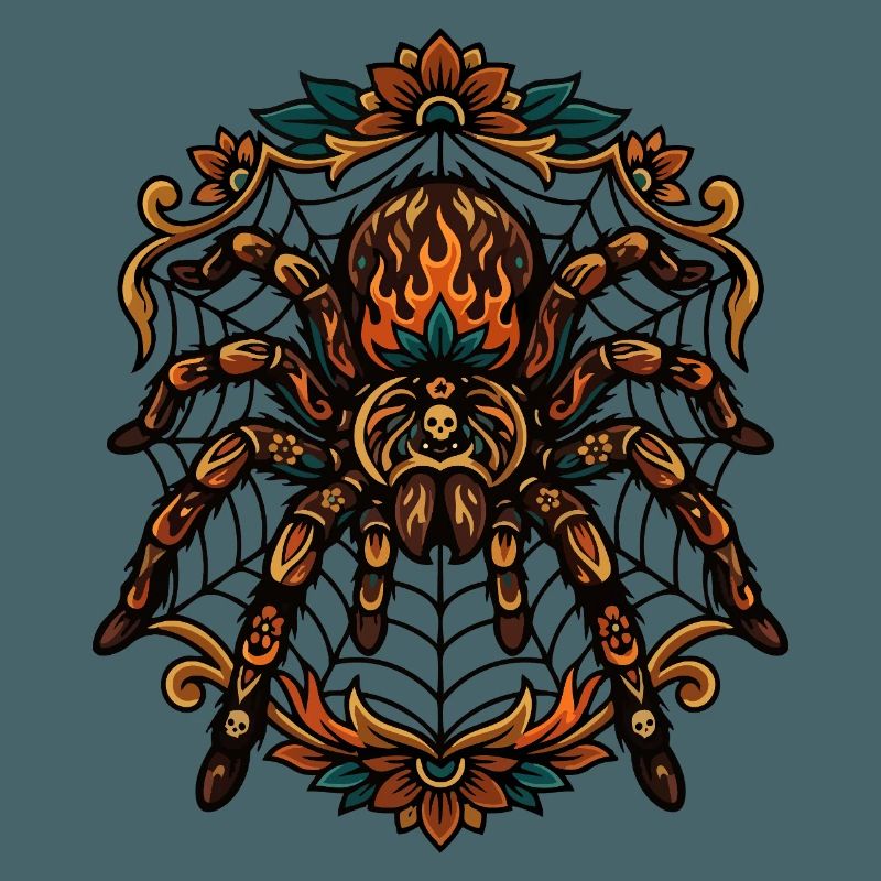 Tarantula Fire Flames Spider Web Pattern Motif