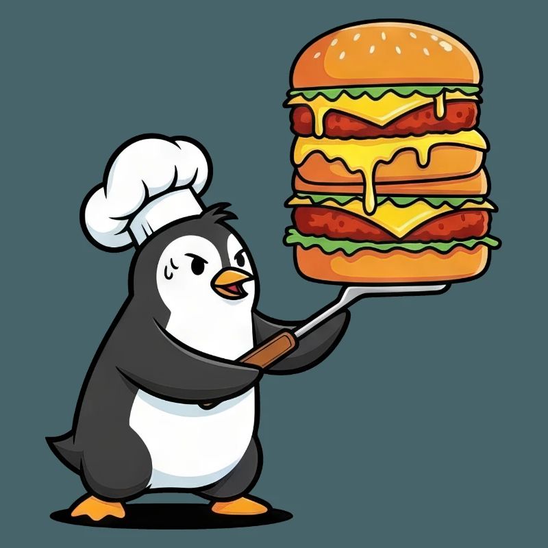 Cute penguin sweating with hamburger BBQ grilling