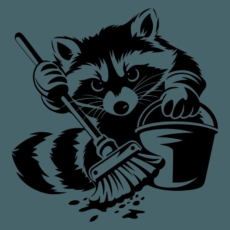 Waschbär mit Eimer & Mopp