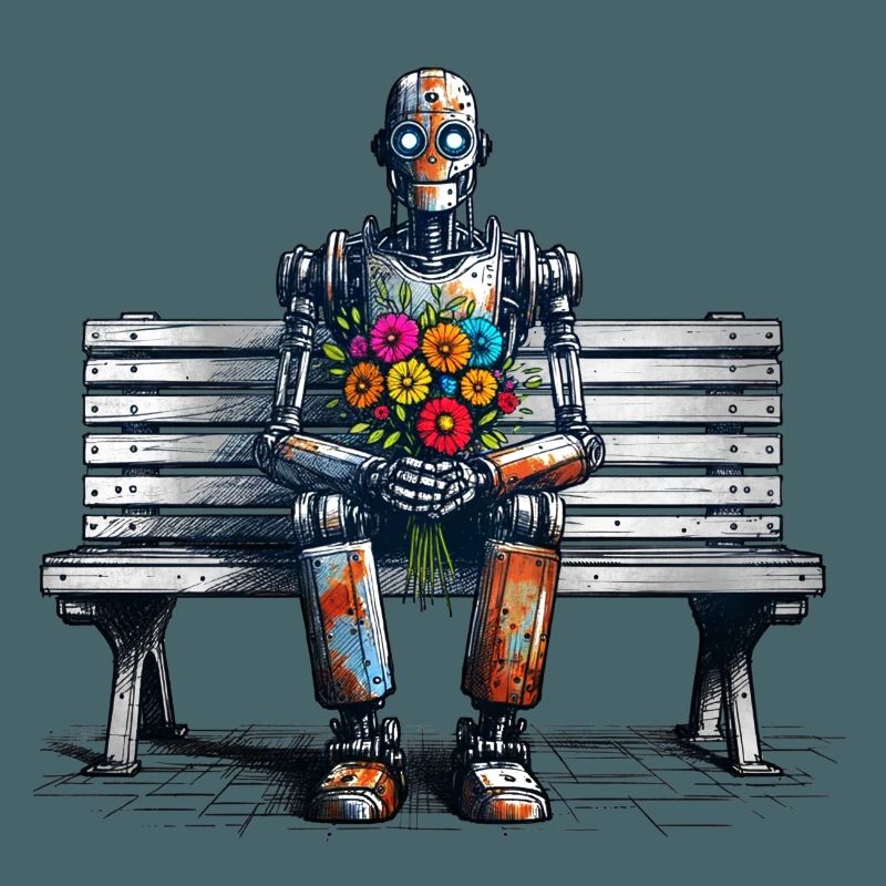 Robot Bench Flowers Robot Love Rusty Art
