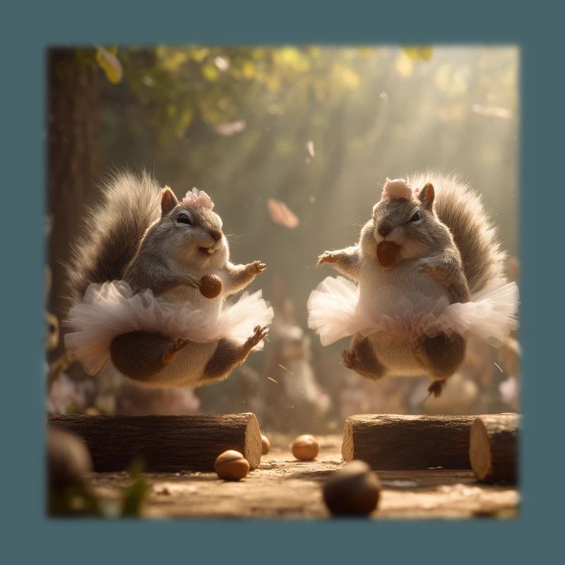 Dancing squirrels in tutu with acorns