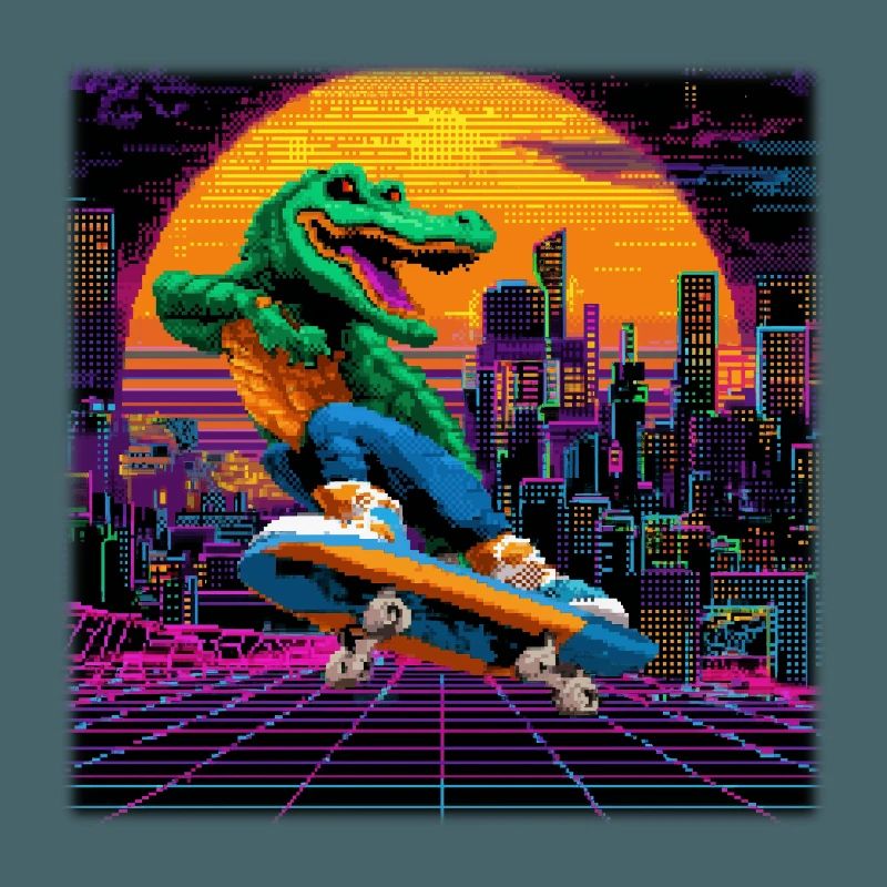 Skating Pixel Krokodil im Retro 80s Synthwave