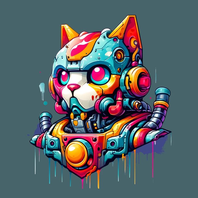 Chat conçu comme un robot dans le style graffiti de la bande dessinée