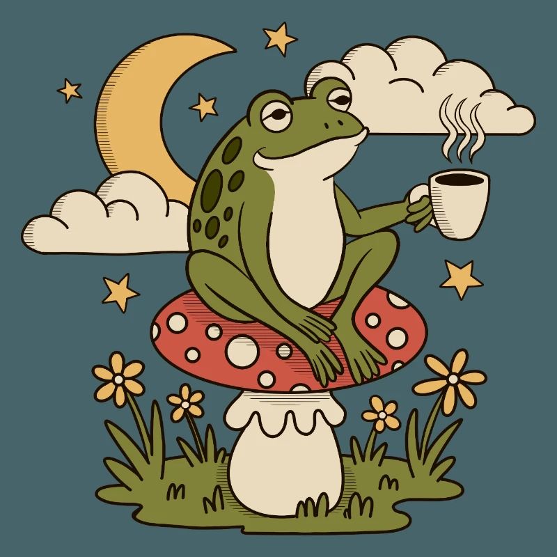 A frog with a cup sits on a toadstool