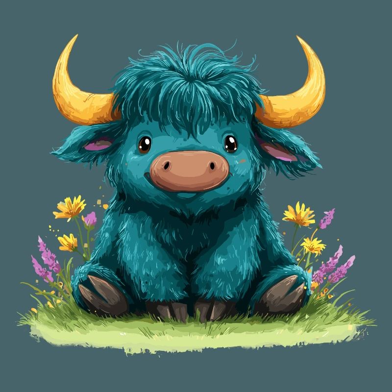 Yak bleu dans une mer de fleurs