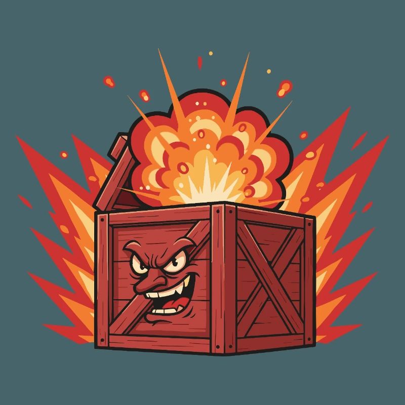 Exploding wooden box with a grim face