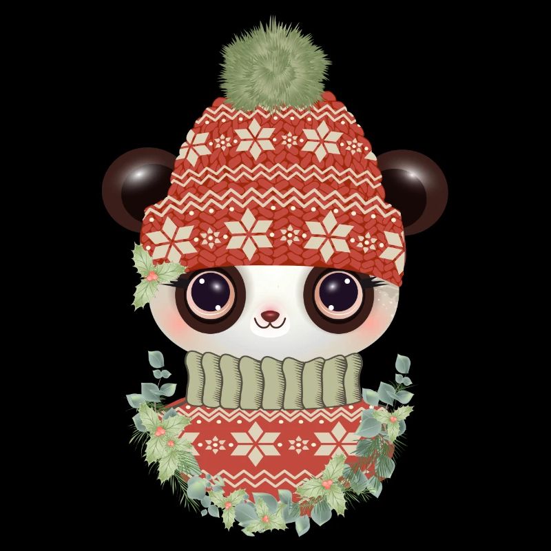 niedlicher Panda mit Pullover,Bommelmütze & Kranz
