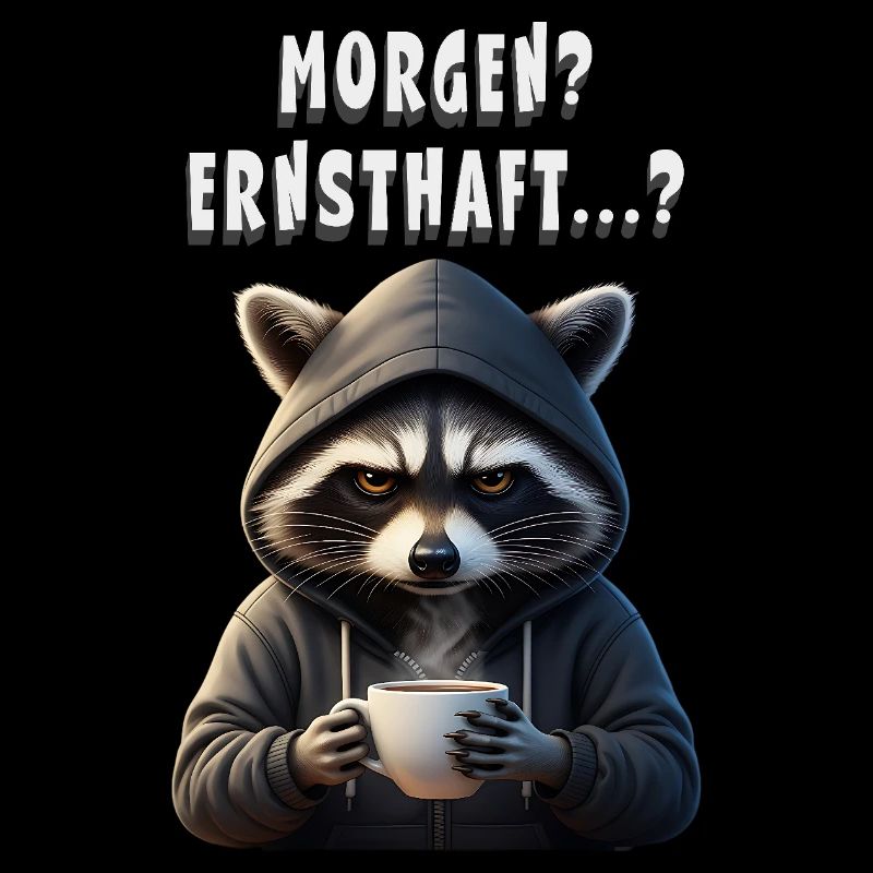 Morgenmuffel Waschbär mit Kaffee