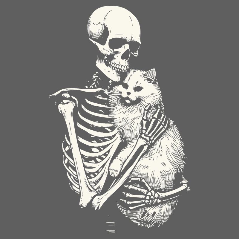 Skeleton hugging cat