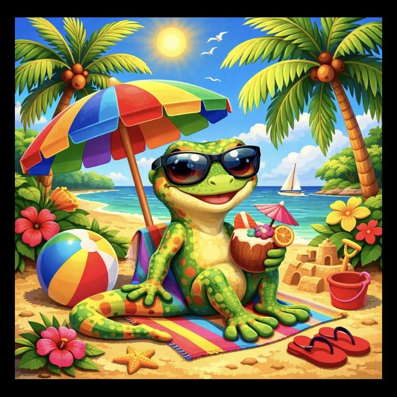 Gecko on the beach with sunglasses