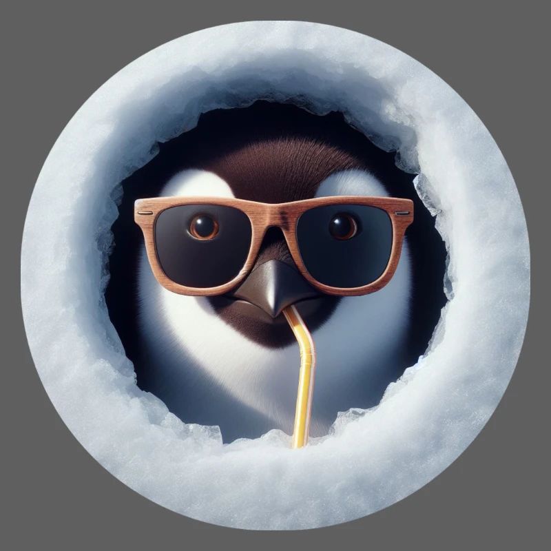 Pinguin mit Sonnenbrille und Strohhalm durch Eis