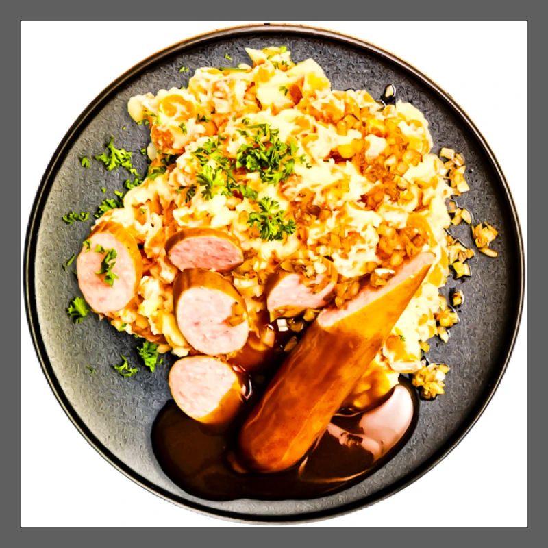 Dish with sausage and mashed potatoes