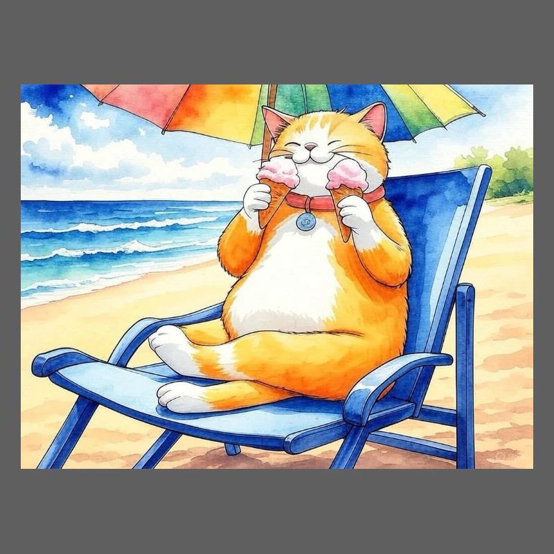 Katze am Strand mit Eiscreme
