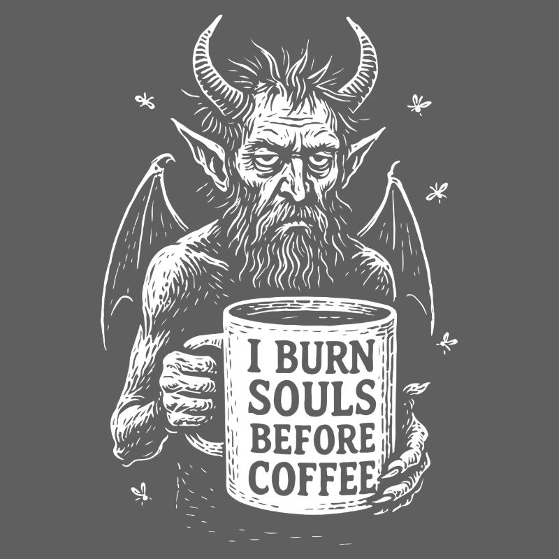Devil with Coffee Mug I Burn Souls Before Coffee
