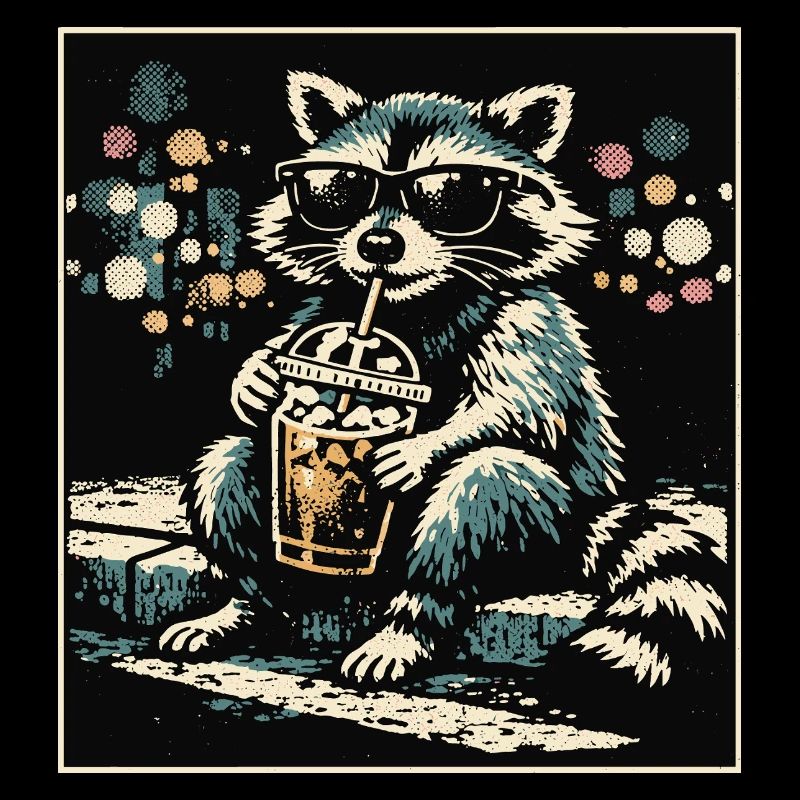 Lustiger Waschbär trinkt Eiskaffee