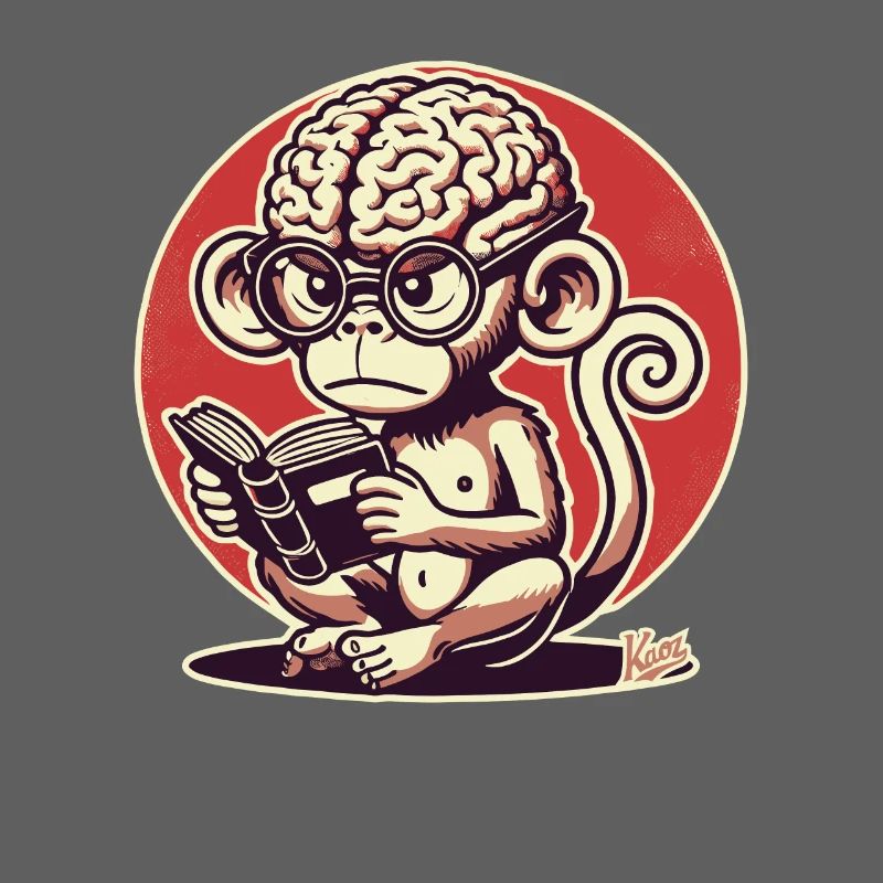 Nerd-Affe mit großem Geirn liest ein Buch