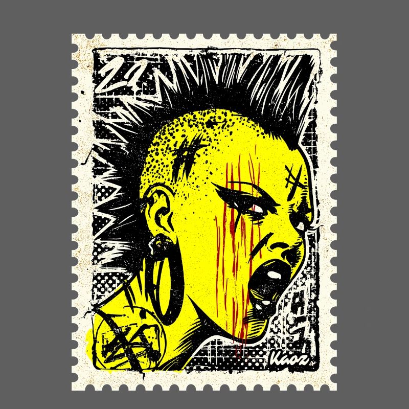 Femme punk sauvage avec mohawk et colère sur timbre-poste