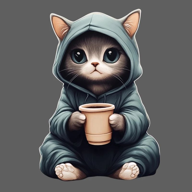 Mignon : Chat dans un sweat à capuche avec du café