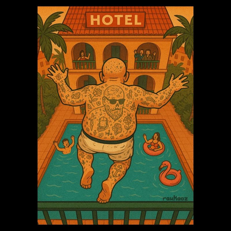 balkon urlauber springt am Pool