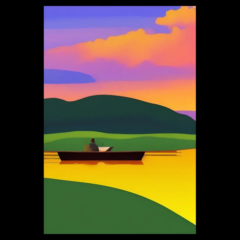 Landschaft mit See, Boot und Berge