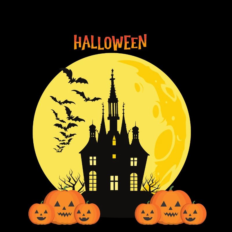 Halloween castle with pumpkins and moon