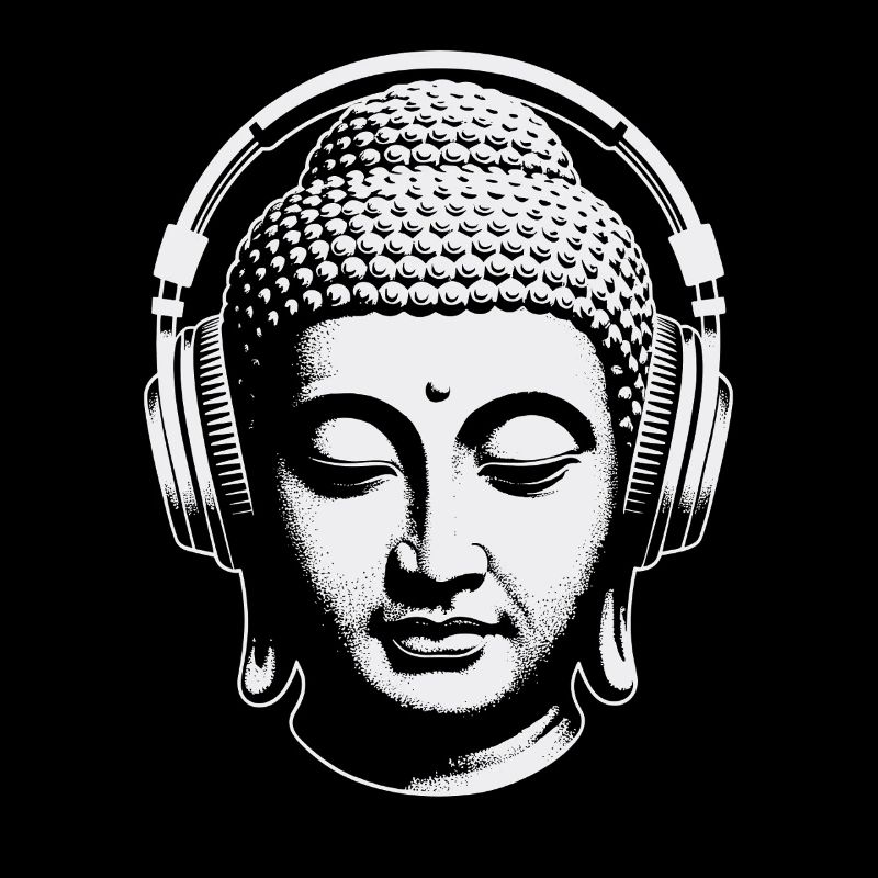 Bouddha avec casque Mindfulness Musique Boho Zen