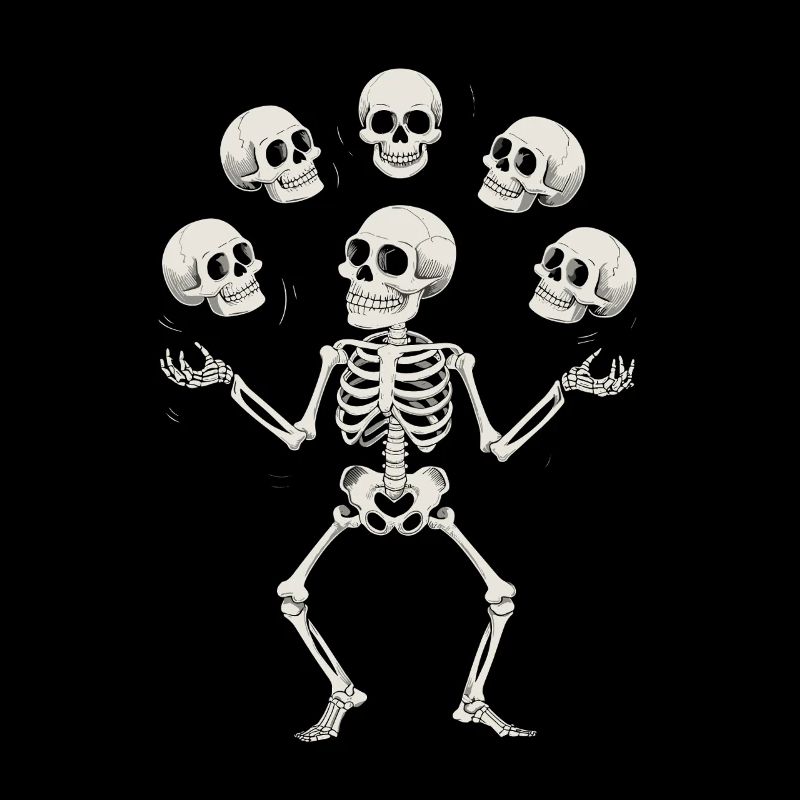 Skeleton juggling with skulls art