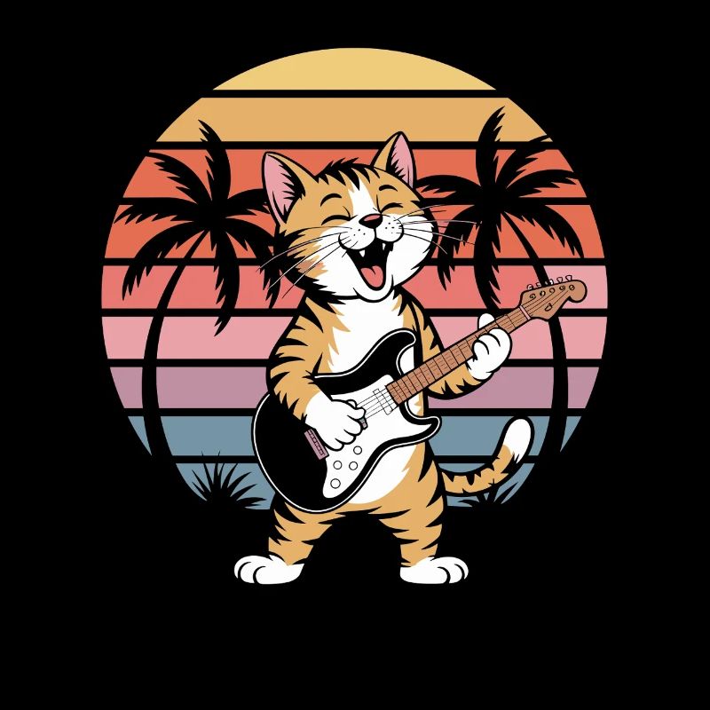 Chat de plage avec guitare dans un coucher de soleil rétro