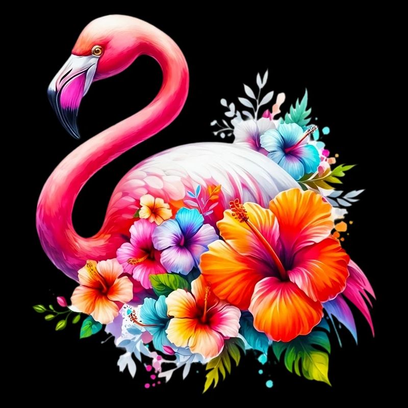 Flamant rose décoré de fleurs d’hibiscus