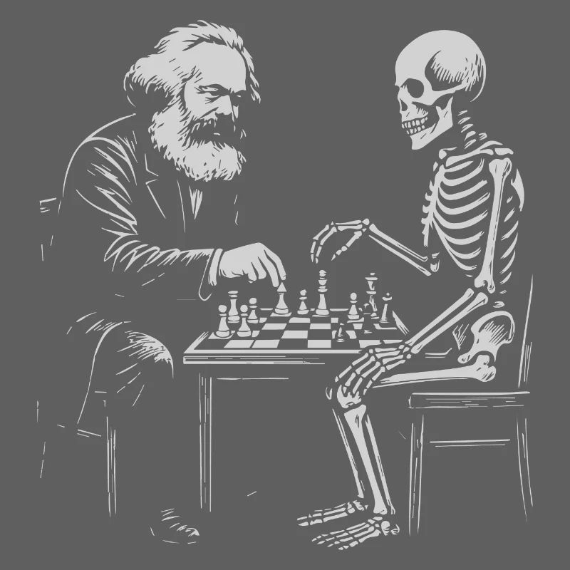 Karl Marx plays chess with skeleton