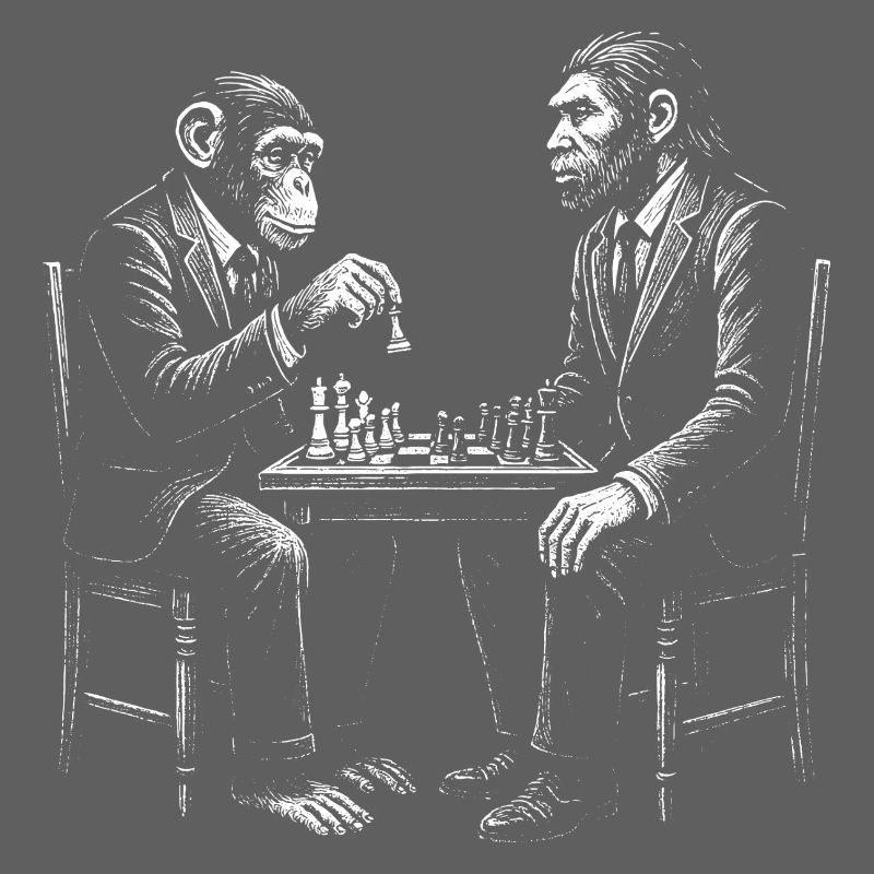 Affe spielt Schach mit Homo Erectus. Lustiges Design
