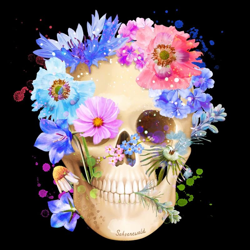 Crâne coloré avec des fleurs de pavot