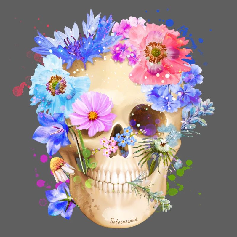 Farbenfroher Schädel mit Blumen Mohn