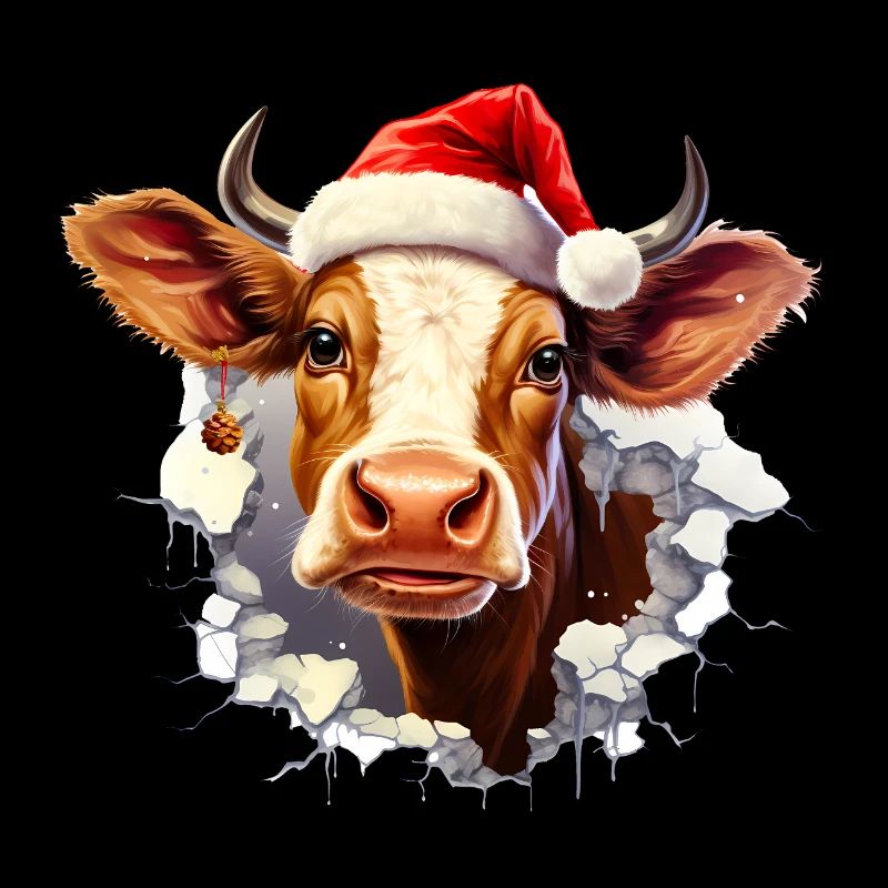 Vache avec chapeau de Père Noël dans le trou dans le mur