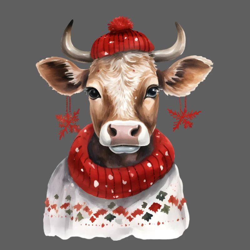 Vache d’hiver avec écharpe rouge et chapeau