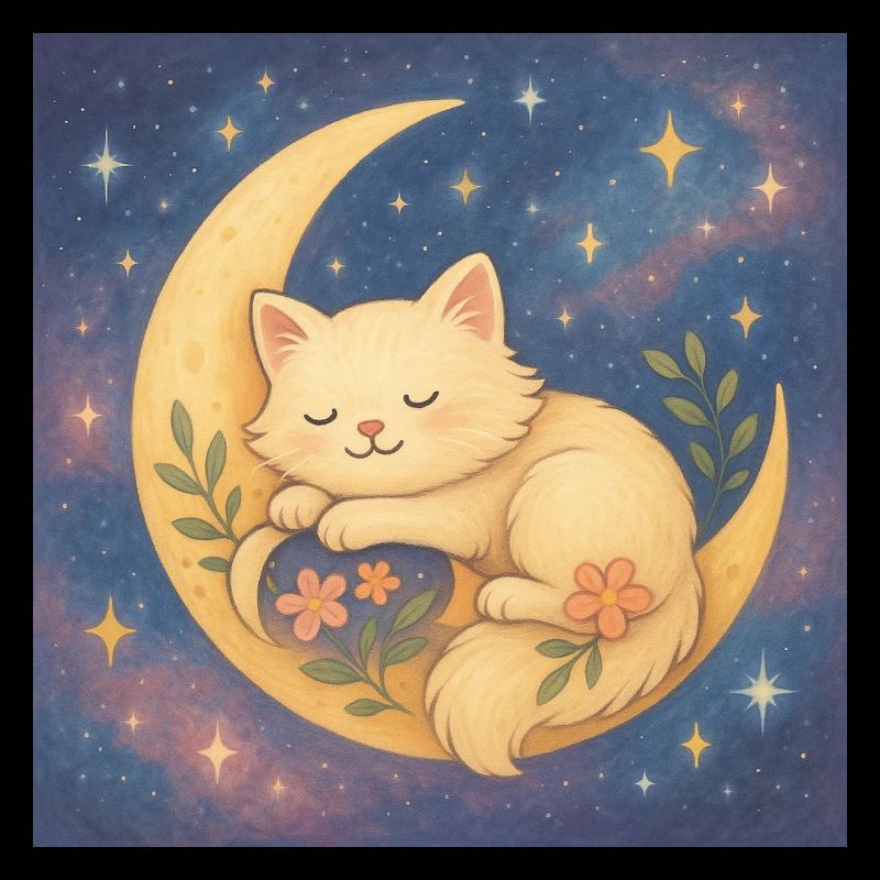 Sleeping cat on moon in starry sky