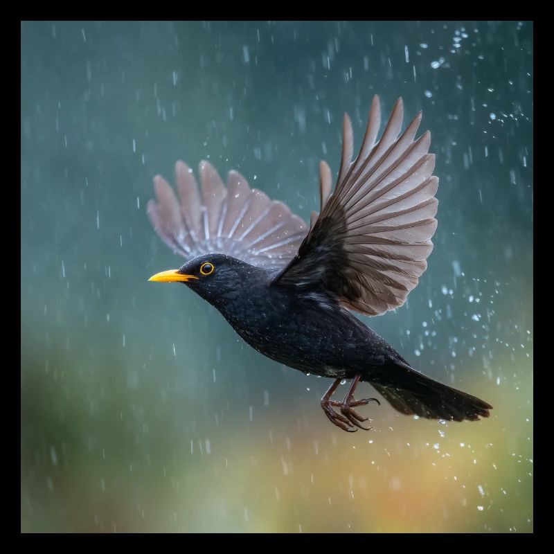 Blackbird in the rain Black thrush in the spring rain