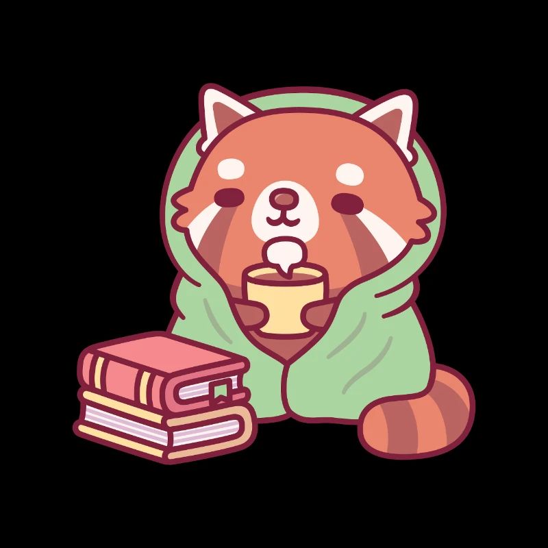 Süßer roter Panda entspannt mit Tee und Büchern
