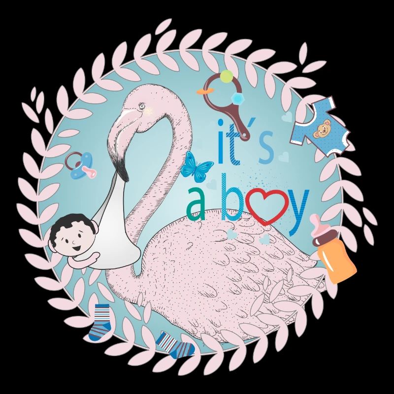 Flamant rose avec bébé et ustensiles pour bébé en bleu