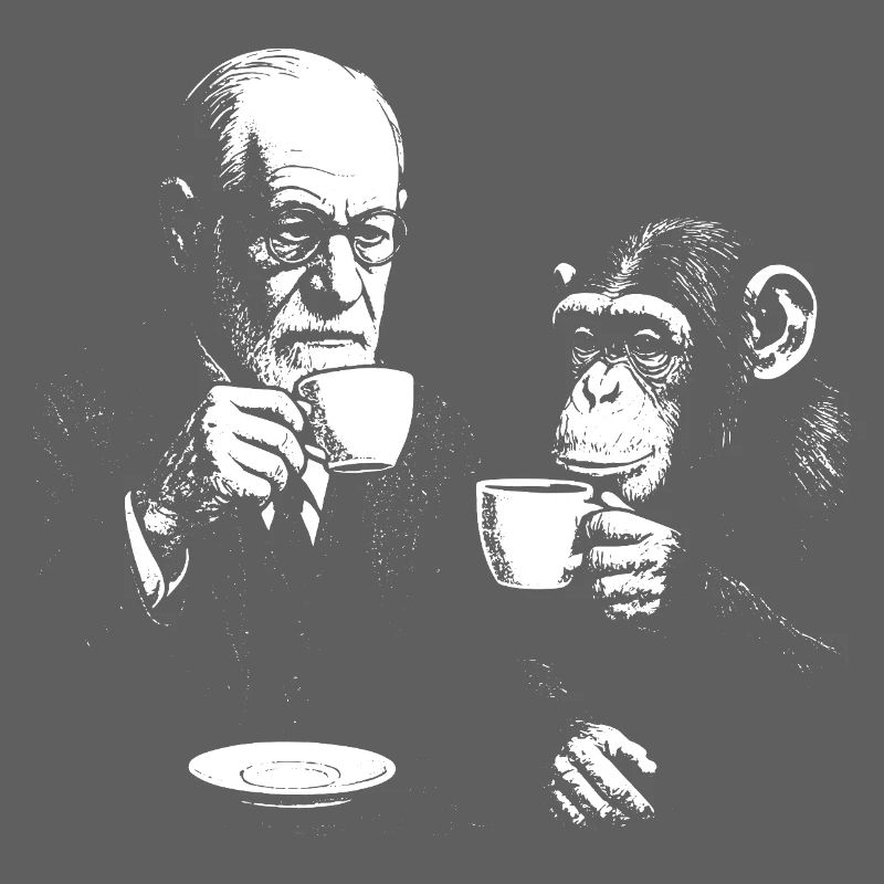 Sigmund Freud drinking coffee with monkey