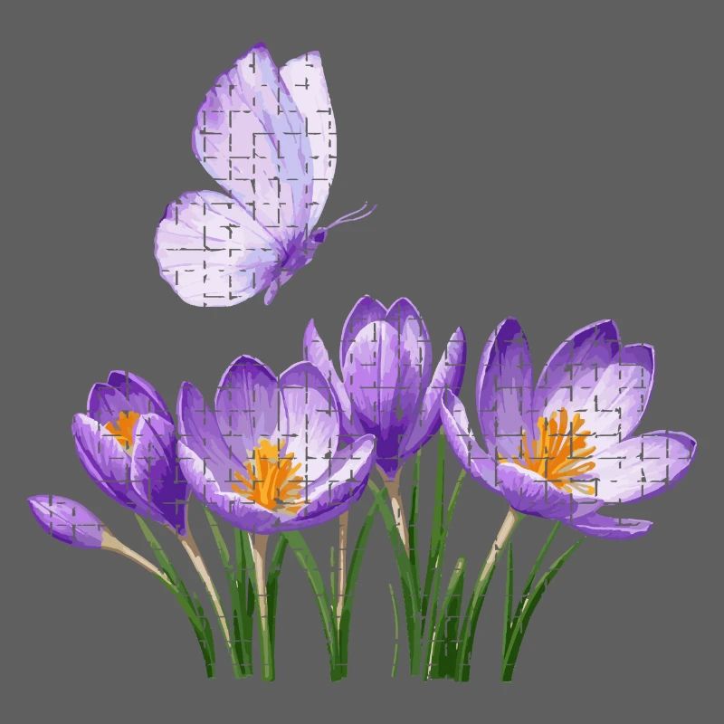 Crocus violets et papillon : conception en treillis