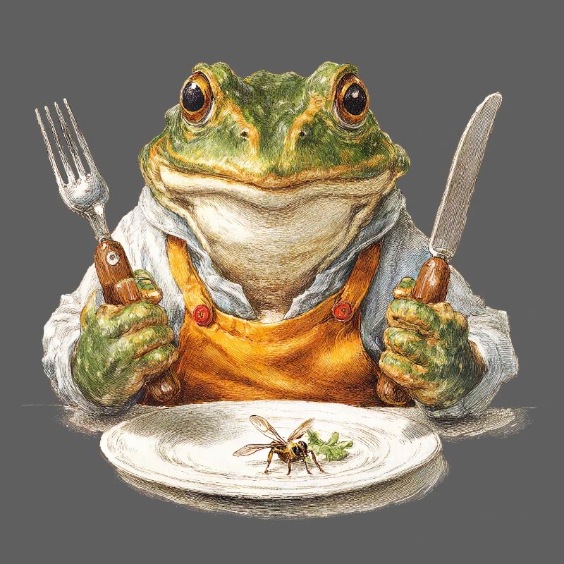Frog chef with fork and knife