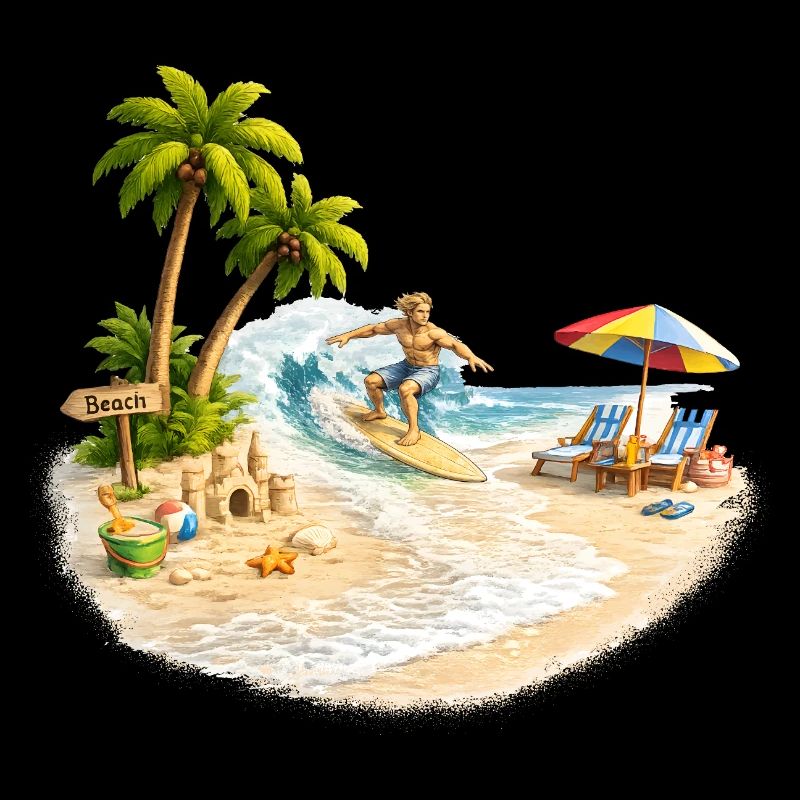 Surfer on the beach with palm trees and wave