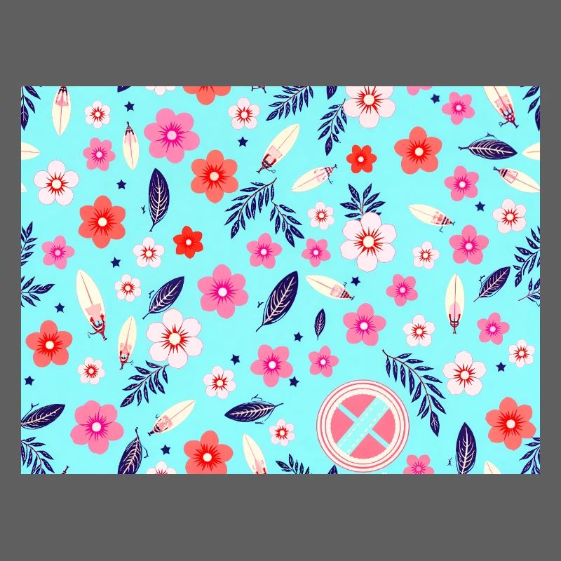 Blumenmuster mit Surfbrettern auf Himmelblau