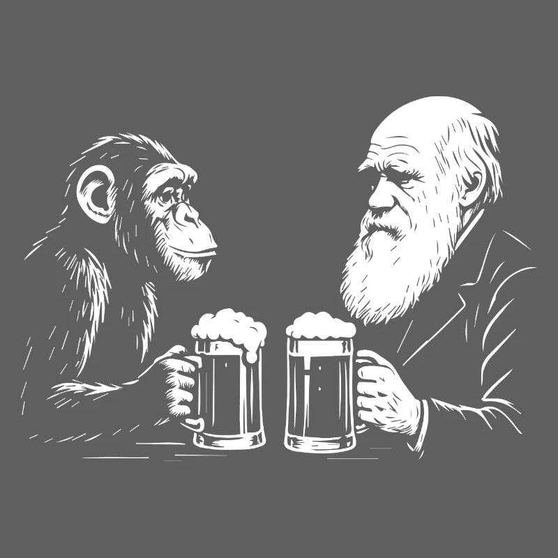 Charles Darwin is drinking beer with monkey