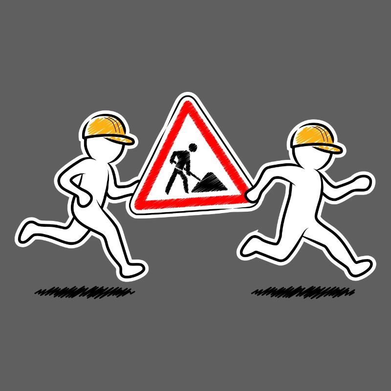 Two construction workers carry a construction site sign