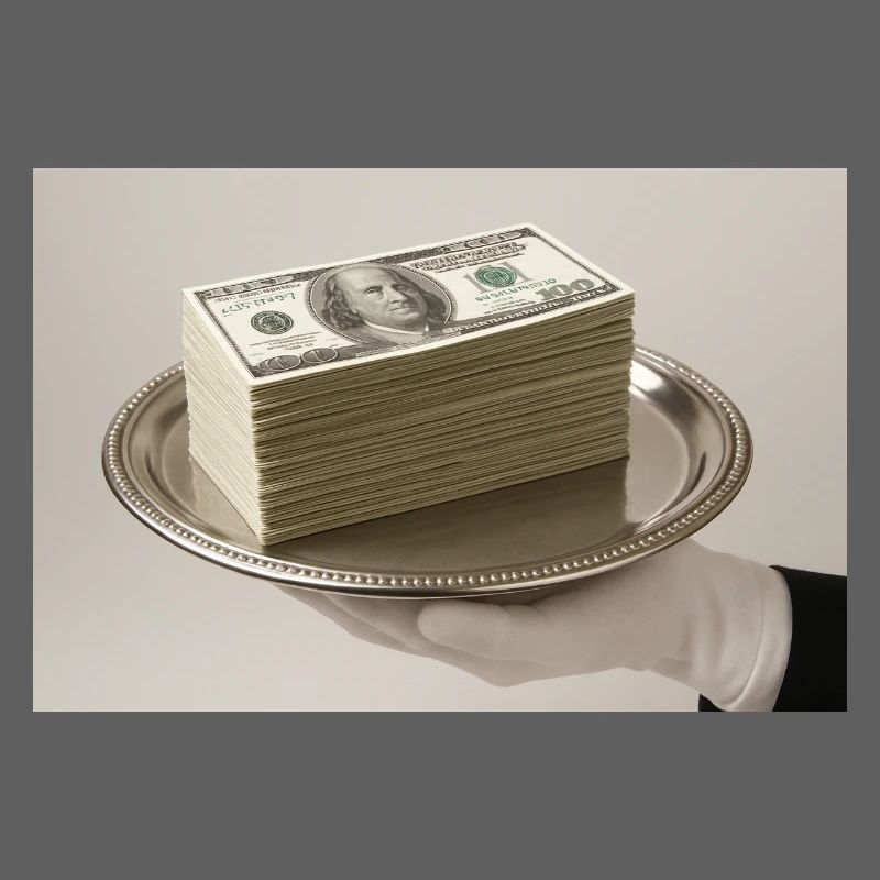 Stack of banknotes on a silver tray
