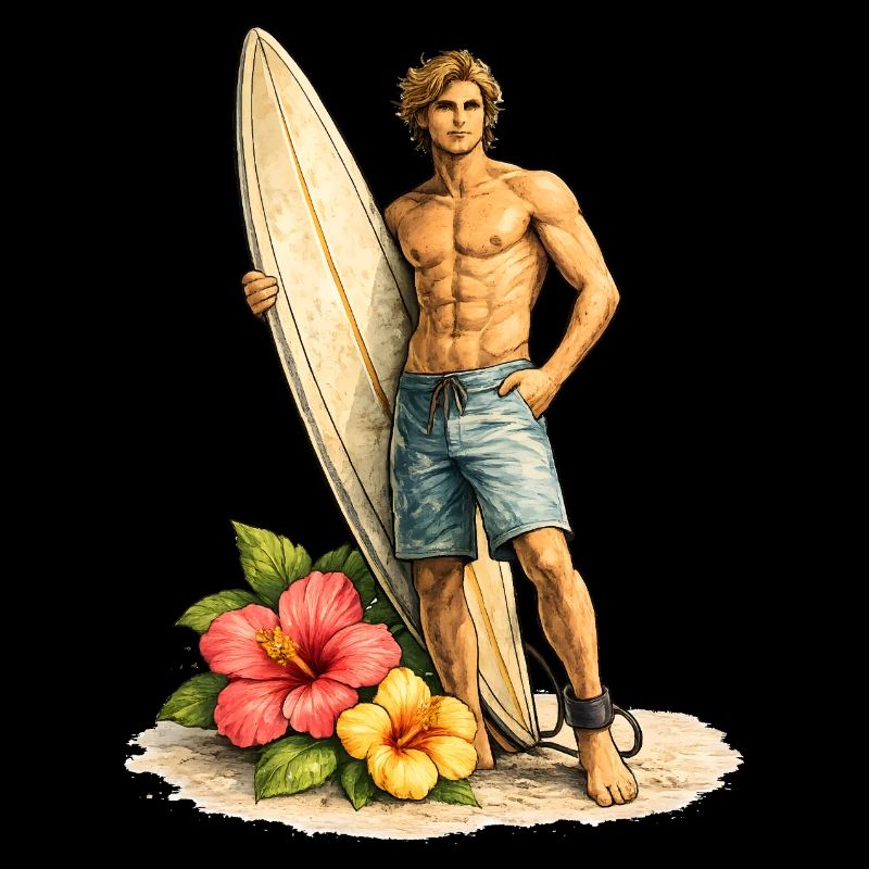 Surfeur avec planche sur une plage tropicale