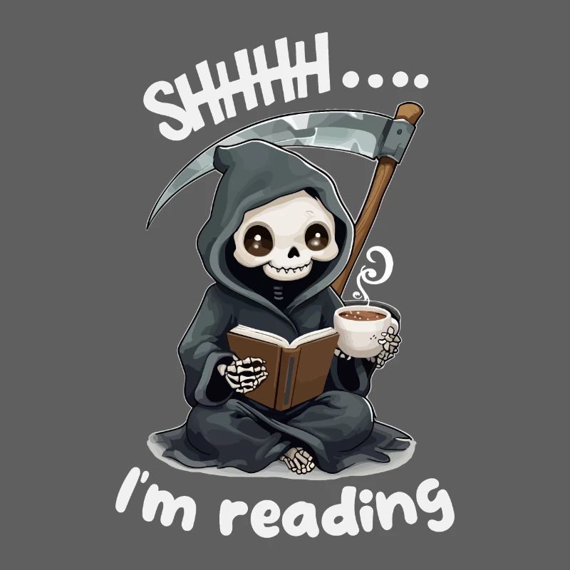 Grim Reaper Reading a Book with Coffee