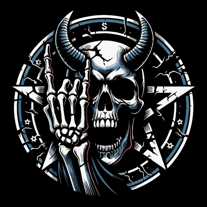 Skull with horns pentagram makes devil horns
